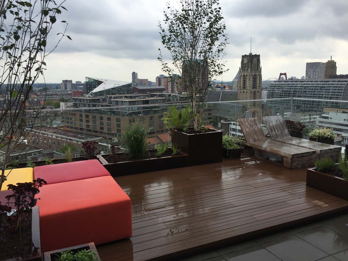 Dakterras met plantenbakken en uitzicht over de stad